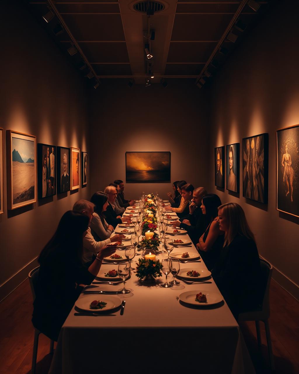 Intimate gallery dinner among contemporary artworks