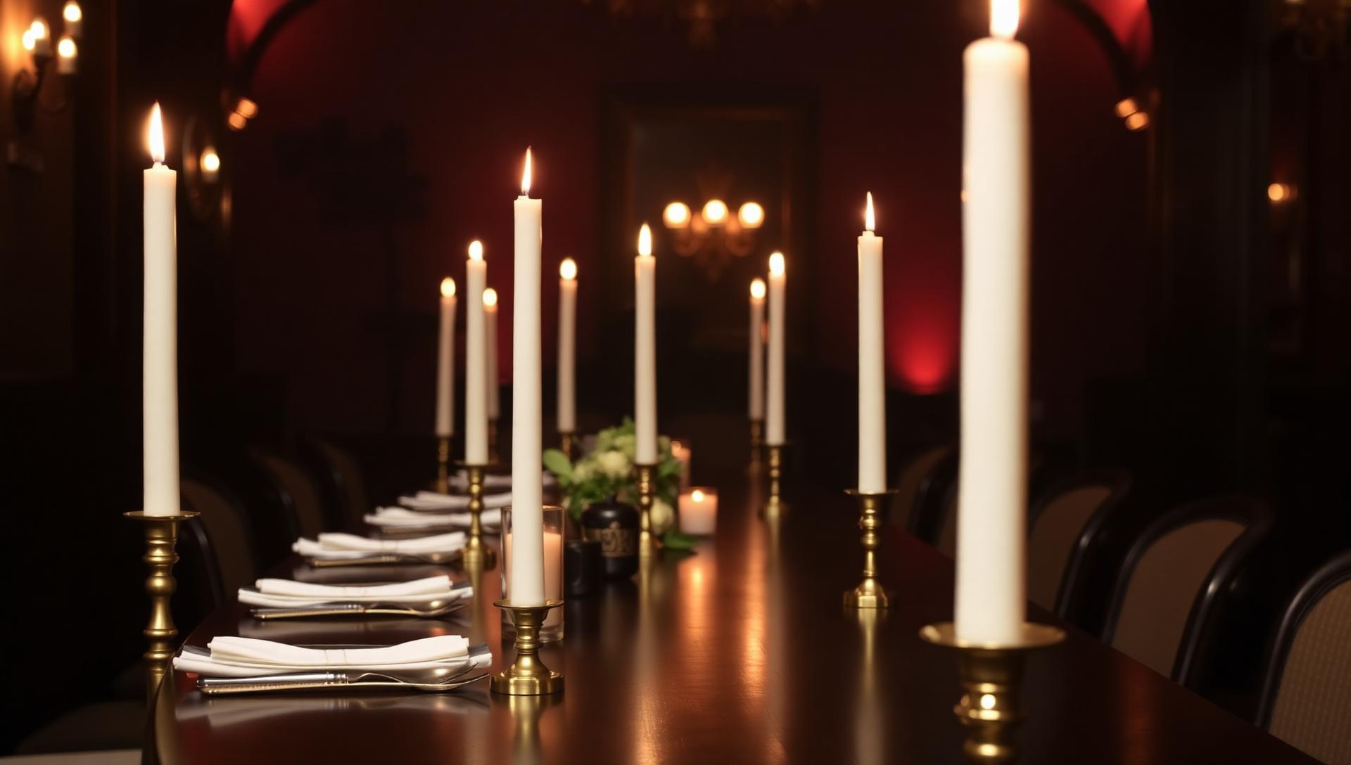 Candlelit banquet table with brass detail